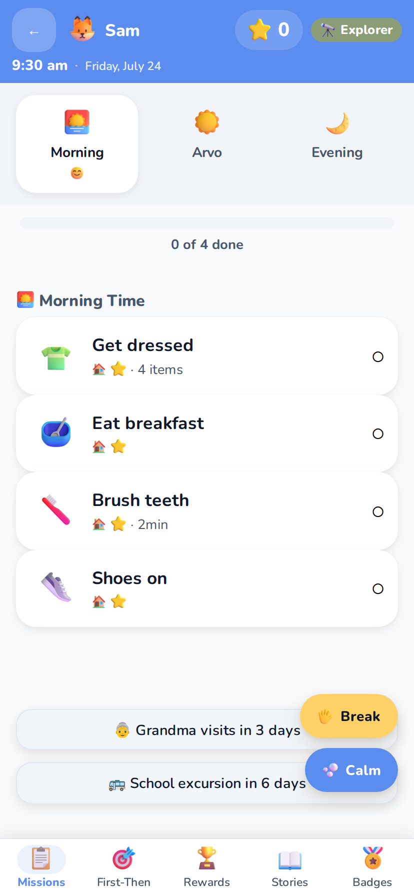 Real app screenshot of Sam's home screen showing event countdowns: Grandma visits in 3 days and school excursion in 6 days.