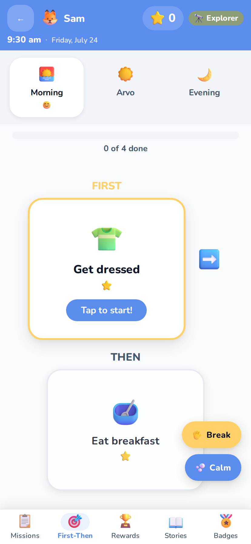 Real app screenshot of the First-Then board showing first get dressed with a tap-to-start button, then eat breakfast.