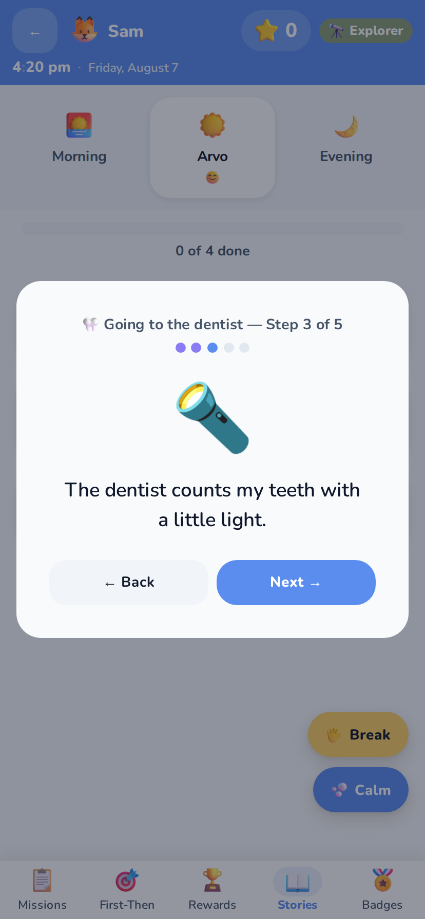 Real app screenshot of a social story called going to the dentist, on step 3 of 5, showing a torch picture with the sentence the dentist counts my teeth with a little light, and back and next buttons.