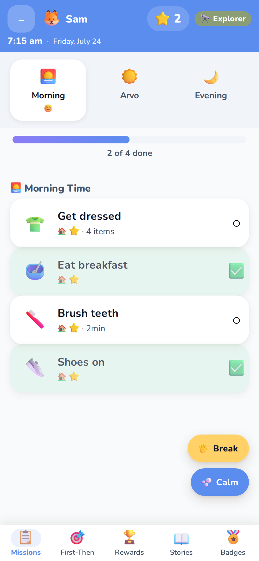 The Sproutive app showing Sam's morning routine in the calm blue theme: a progress bar reading 2 of 4 done, task cards for get dressed, eat breakfast, brush teeth and shoes on with stars earned for each, plus Break and Calm buttons.